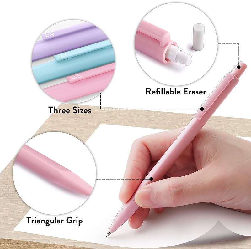 Four Candies Cute Mechanical Pencil Set, 6PCS Pastel Mechanical Pencils 0.5 mm & 0.7mm & 0.9mm with 360PCS Leads, 3PCS Erasers and 9PCS Eraser Refills, Aesthetic Pencils for Girls Writing, Art Drawing - Image 5