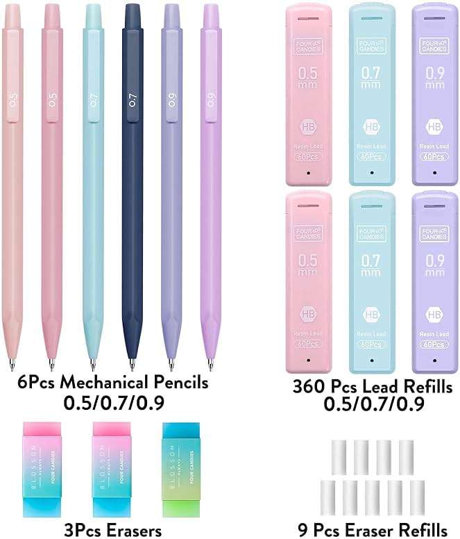 Four Candies Cute Mechanical Pencil Set, 6PCS Pastel Mechanical Pencils 0.5 mm & 0.7mm & 0.9mm with 360PCS Leads, 3PCS Erasers and 9PCS Eraser Refills, Aesthetic Pencils for Girls Writing, Art Drawing - Image 6
