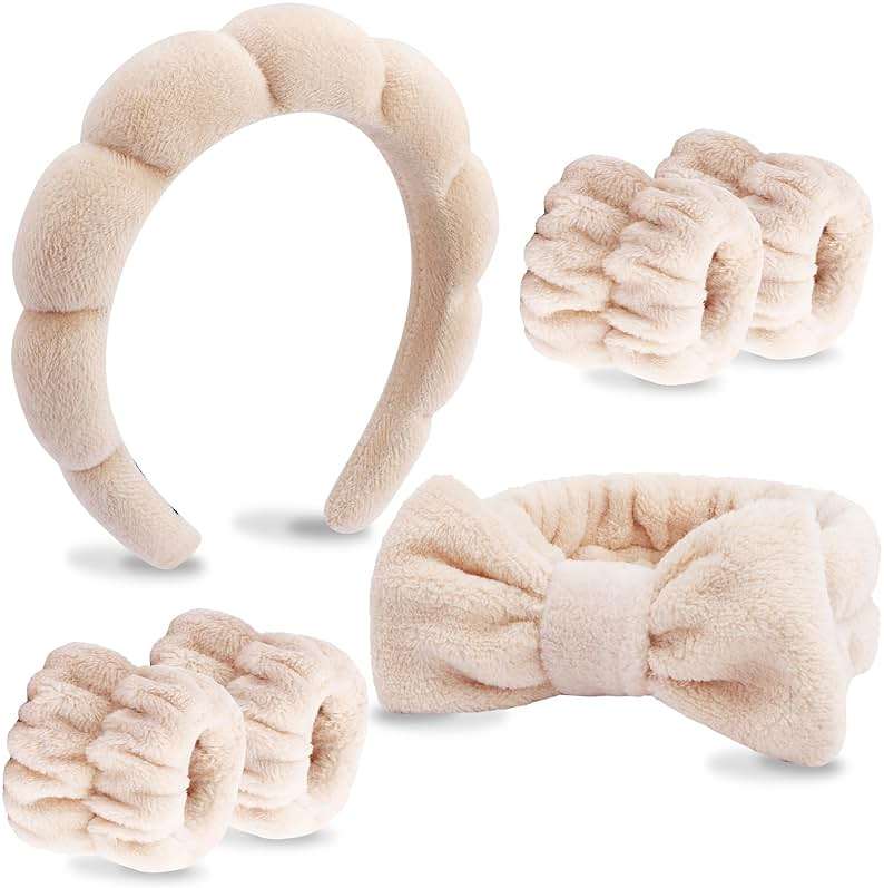 VELSCRUN 6 Pack Spa Headband, Makeup Headband, Face Wash Headbands, Skincare Headbands, Brown Sponge Hair Band Bow Tie Spa Head Band for Washing Face Wristband Set Hair Accessories for Women - Image 1