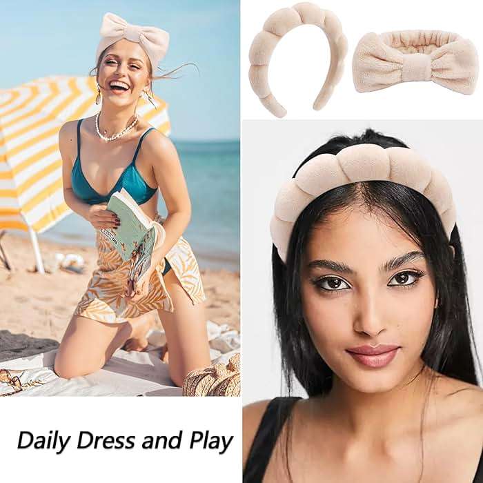 VELSCRUN 6 Pack Spa Headband, Makeup Headband, Face Wash Headbands, Skincare Headbands, Brown Sponge Hair Band Bow Tie Spa Head Band for Washing Face Wristband Set Hair Accessories for Women - Image 6