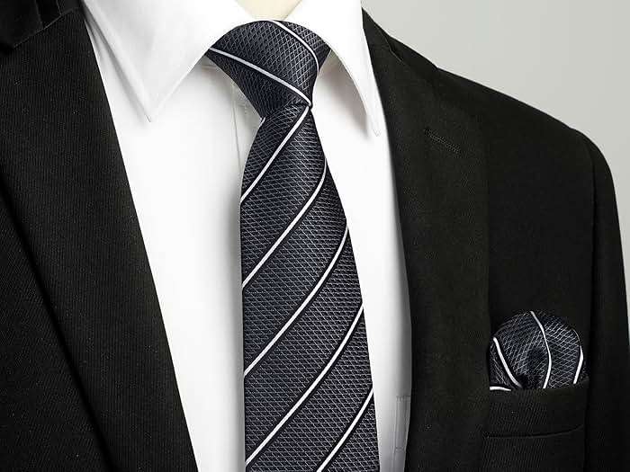 HISDERN Mens Striped Ties Classic Silk Woven Tie and Pocket Square Set Formal Business Necktie Handkerchief for Wedding - Image 3