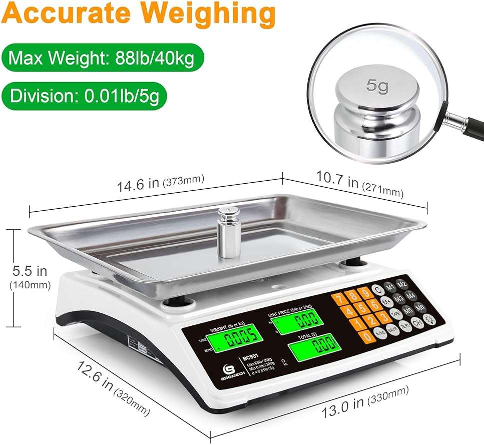 Price Computing Scale 88lb/40kg Commercial Food Scale for Produce Meat with Stainless Steel Large Platform, LCD Display, and Green Bright Backlight for Farmers Markets, Deli, （Not for Trade） - Image 2
