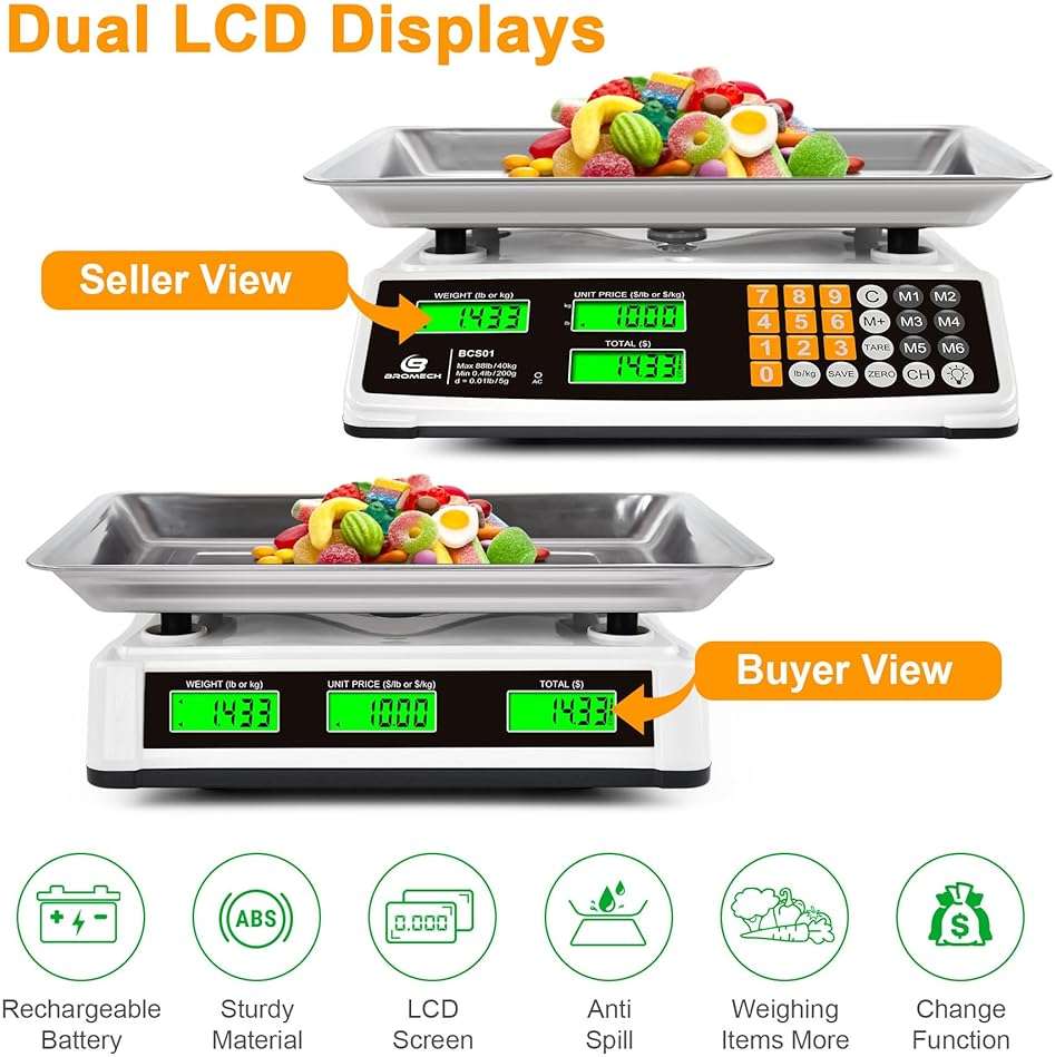 Price Computing Scale 88lb/40kg Commercial Food Scale for Produce Meat with Stainless Steel Large Platform, LCD Display, and Green Bright Backlight for Farmers Markets, Deli, （Not for Trade） - Image 4