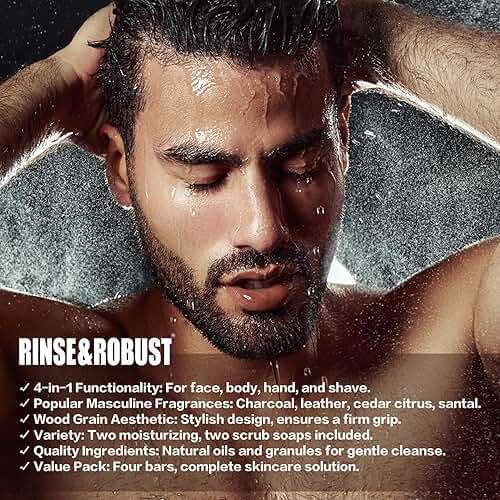 Rinse & Robust Bar Soap for Men - 4Pcs Exfoliating & Moisturizing 4-in-1 Cleansing Bar Set for Face, Body, Hands & Shave | All Skin Types | Luxury Fathers Day Gift Set(4 x 5.3 oz) - Image 5