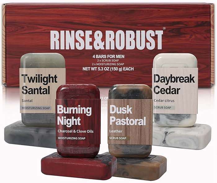 Rinse & Robust Bar Soap for Men - 4Pcs Exfoliating & Moisturizing 4-in-1 Cleansing Bar Set for Face, Body, Hands & Shave | All Skin Types | Luxury Fathers Day Gift Set(4 x 5.3 oz) - Image 8
