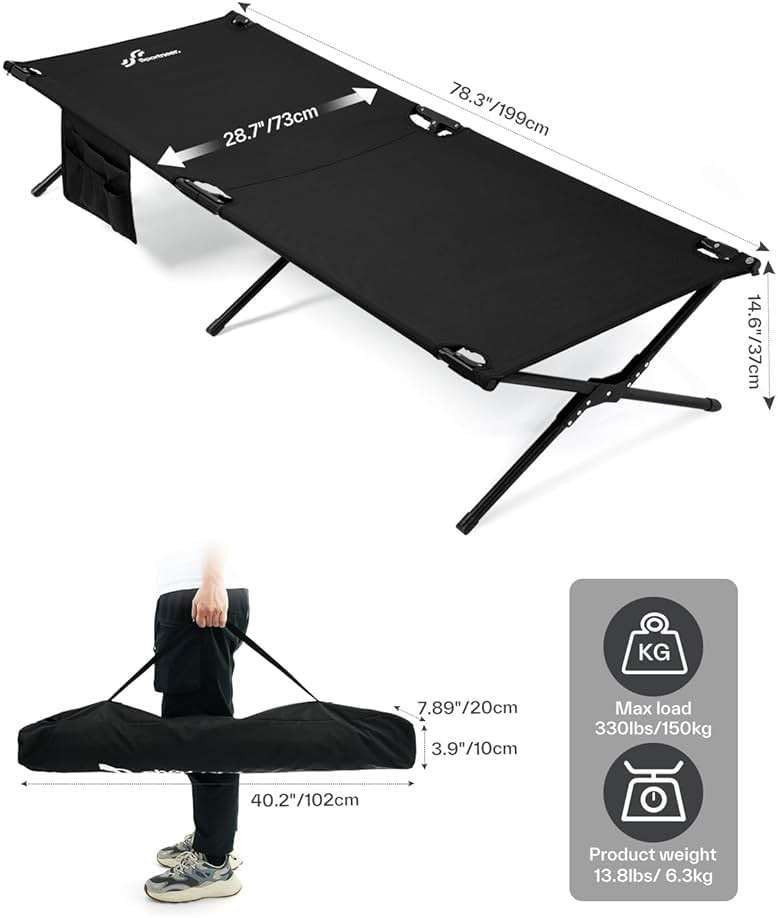 Sportneer Camping Cot: 78.3"x28.7"x14.6" Comfort Cot Bed for Camping Traveling Guest Bed, Sleeping Cots for Adults with Side Pockets & Storage Bag - Ease of Assembly, Support 330 Lbs - Image 3