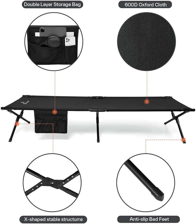 Sportneer Camping Cot: 78.3"x28.7"x14.6" Comfort Cot Bed for Camping Traveling Guest Bed, Sleeping Cots for Adults with Side Pockets & Storage Bag - Ease of Assembly, Support 330 Lbs - Image 5