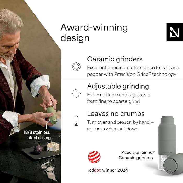 LARS NYSØM Salt and Pepper Grinder Set, Stainless Steel Manual Salt and Pepper Mills, Adjustable Ceramic Grinder, Design Spice Shakers (Ash Gray) - Image 2