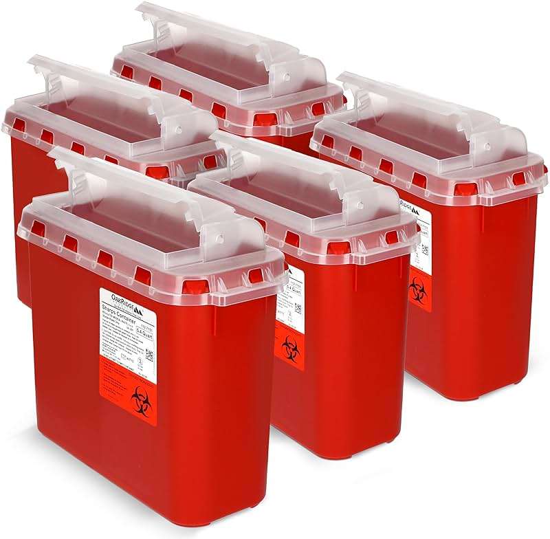 Oakridge Products Transparent Sharps Container for Home Use and Professional 5.4 Quart (5-Pack), Touchless Biohazard Needle and Syringe Disposal, Rotating Lid, CDC Certified - Image 1