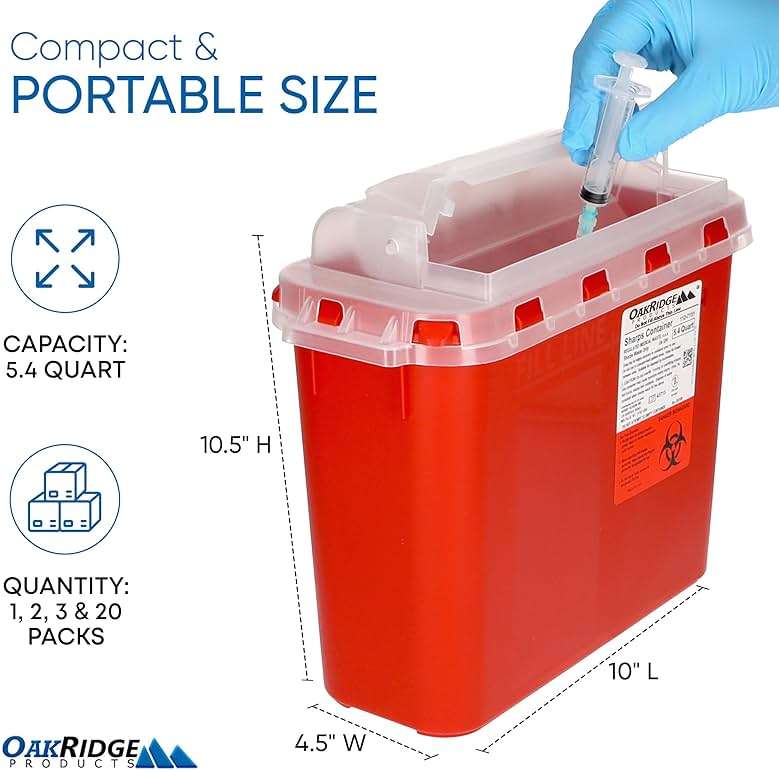 Oakridge Products Transparent Sharps Container for Home Use and Professional 5.4 Quart (5-Pack), Touchless Biohazard Needle and Syringe Disposal, Rotating Lid, CDC Certified - Image 2