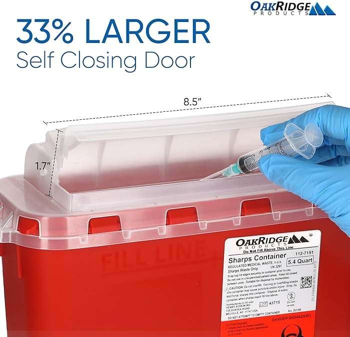 Oakridge Products Transparent Sharps Container for Home Use and Professional 5.4 Quart (5-Pack), Touchless Biohazard Needle and Syringe Disposal, Rotating Lid, CDC Certified - Image 3