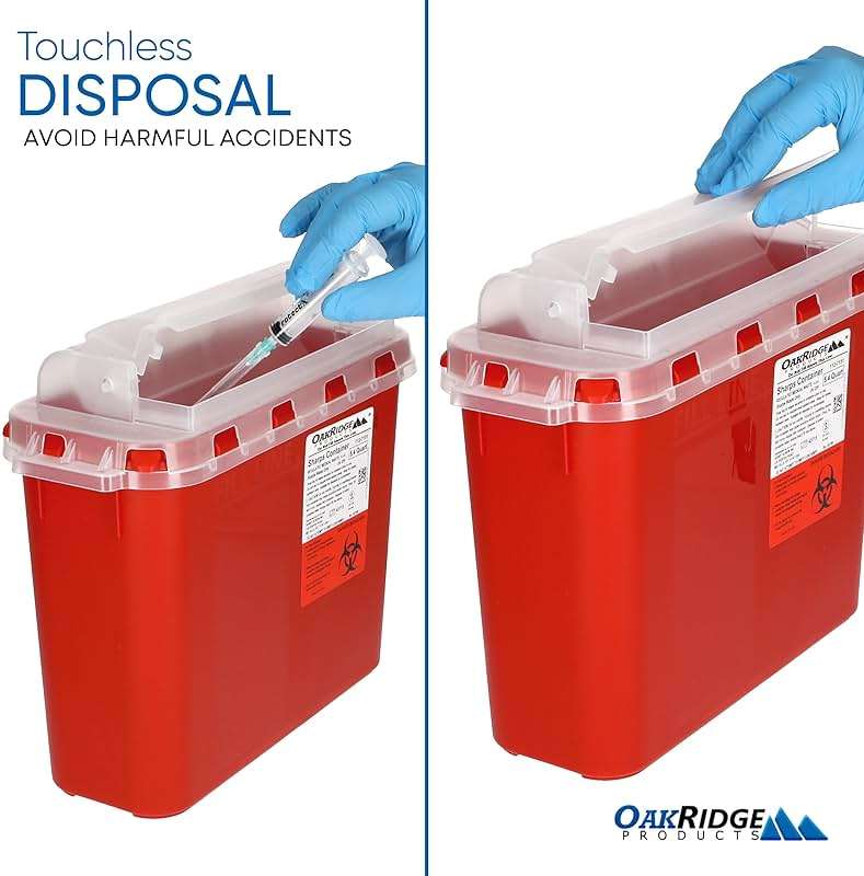 Oakridge Products Transparent Sharps Container for Home Use and Professional 5.4 Quart (5-Pack), Touchless Biohazard Needle and Syringe Disposal, Rotating Lid, CDC Certified - Image 4