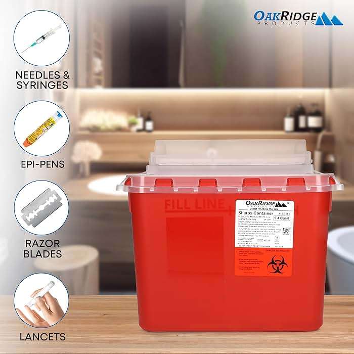 Oakridge Products Transparent Sharps Container for Home Use and Professional 5.4 Quart (5-Pack), Touchless Biohazard Needle and Syringe Disposal, Rotating Lid, CDC Certified - Image 7