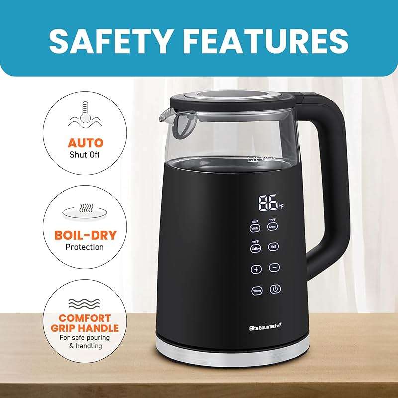 Elite Gourmet 1.7L Dual Wall Cool Touch Electric Tea Kettle, Borosilicate Glass, 304 Stainless Steel Interior, Programmed Digital Touchscreen, Keep Warm, Auto Off & Audible Indicator, Black - Image 6