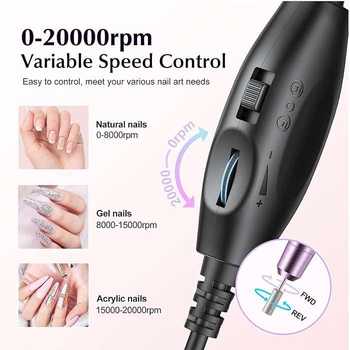 COSLUS C40 Electric Nail Drill File Professional: for Acrylic Gel Dip Powder Nails Portable Nail Machine Kit Manicure Pedicure Tools Polishing Set with Nail Drill Bits Sanding Bands - Image 8