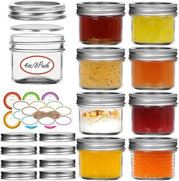 Small Mason Jars, 8 Pack 4oz Glass Mason Jar with Regular Lids, Mini Canning Jar, Ideal for Jelly, Jam, Honey, Dessert, Spice, Wedding Favor, Candles - Image 1