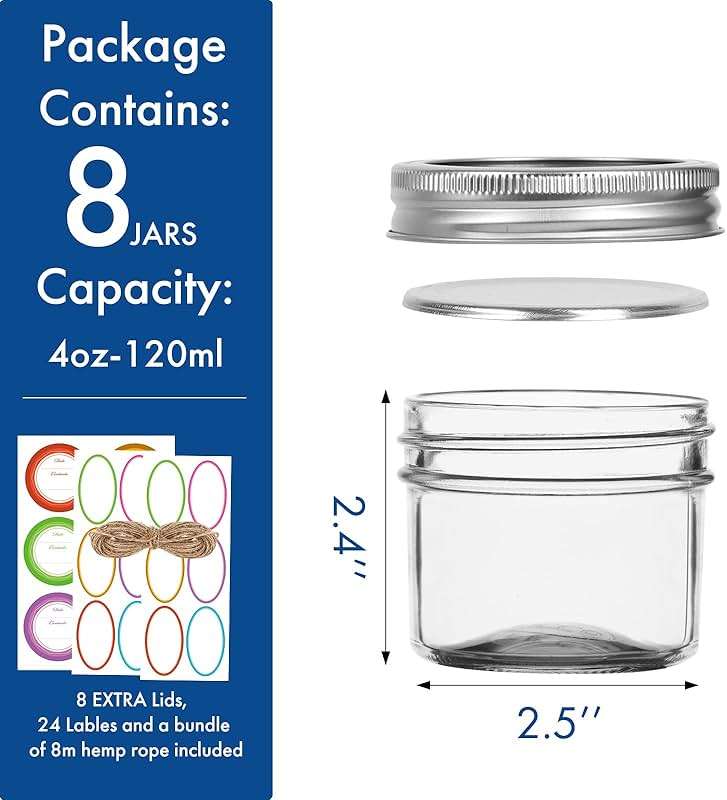 Small Mason Jars, 8 Pack 4oz Glass Mason Jar with Regular Lids, Mini Canning Jar, Ideal for Jelly, Jam, Honey, Dessert, Spice, Wedding Favor, Candles - Image 3