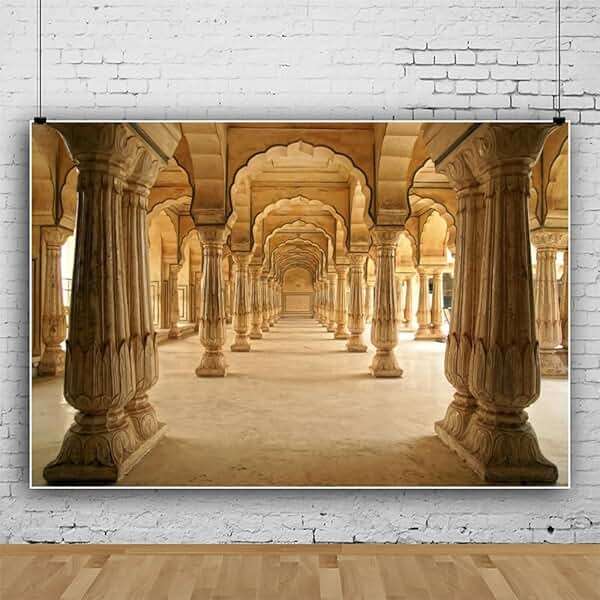 Leowefowa 10x8ft Vinyl Hindu Temple Photo Background Backdrop Vintage Building Ancient Old Columns Background Indian Backdrop for Photography Photo Booth Studio Props - Image 1