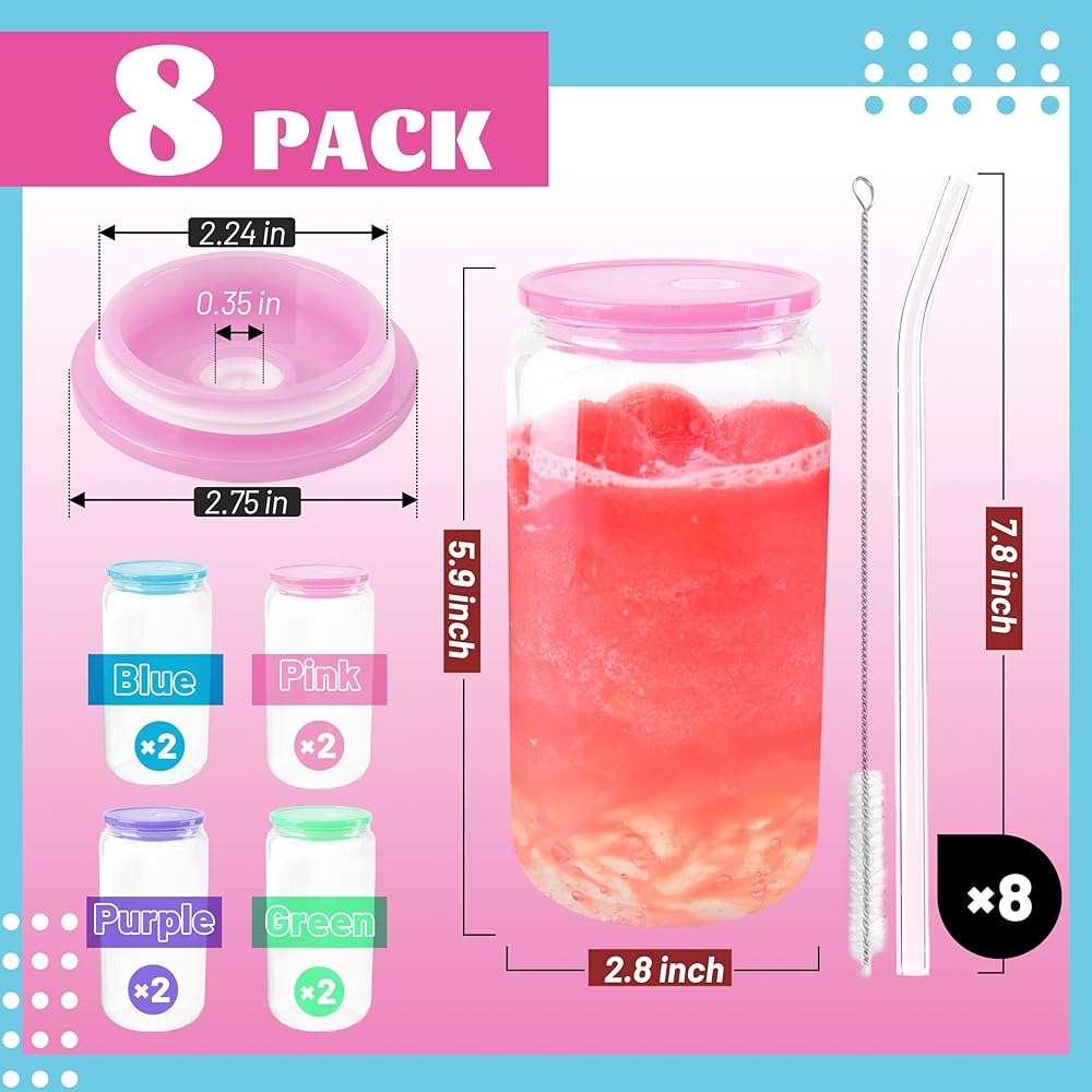 Joyclub 8pcs 16 oz Glass Cups with Acrylic Lids and Straws Can Shaped Iced Coffee Glasses Cute Tumbler Set Drinking Jars for Smoothie Soda Boba Beer Party Housewarming Gifts - Image 3