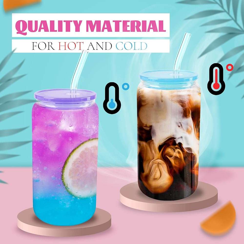 Joyclub 8pcs 16 oz Glass Cups with Acrylic Lids and Straws Can Shaped Iced Coffee Glasses Cute Tumbler Set Drinking Jars for Smoothie Soda Boba Beer Party Housewarming Gifts - Image 5