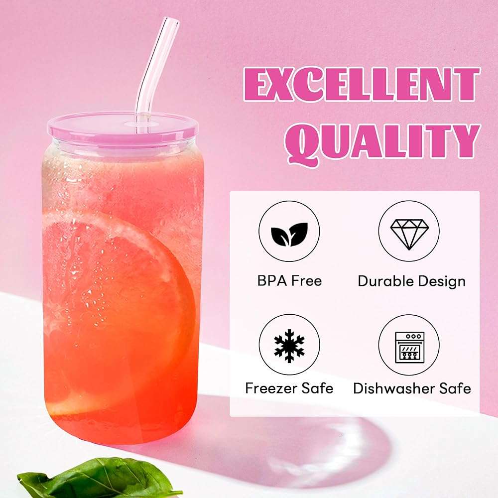 Joyclub 8pcs 16 oz Glass Cups with Acrylic Lids and Straws Can Shaped Iced Coffee Glasses Cute Tumbler Set Drinking Jars for Smoothie Soda Boba Beer Party Housewarming Gifts - Image 6