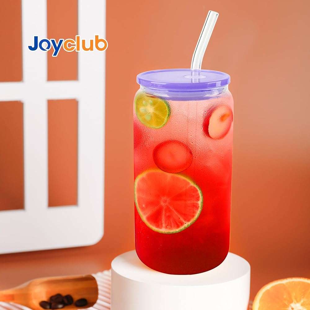 Joyclub 8pcs 16 oz Glass Cups with Acrylic Lids and Straws Can Shaped Iced Coffee Glasses Cute Tumbler Set Drinking Jars for Smoothie Soda Boba Beer Party Housewarming Gifts - Image 7