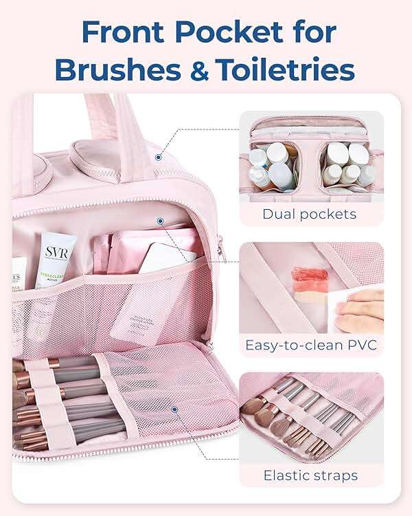 BAGSMART Travel Toiletry Bag, Crush Toiletry Bag for Women, Wide-open Puffy Toiletry Bags for Traveling, Large Travel Cosmetic Makeup Bag Organizer for Accessories,Toiletrie, Pink - Image 5