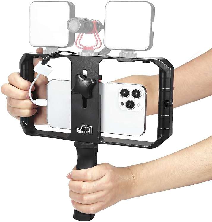Taisioner Smartphone Video Rig Hand Girp Stabilizer Filmmaking Vlogging Case Phone Video Stabilizer with Cold Shoe for Film Maker Video Grapher Compatible with iPhone 15/14/13/12/ Pro Max and Android - Image 1