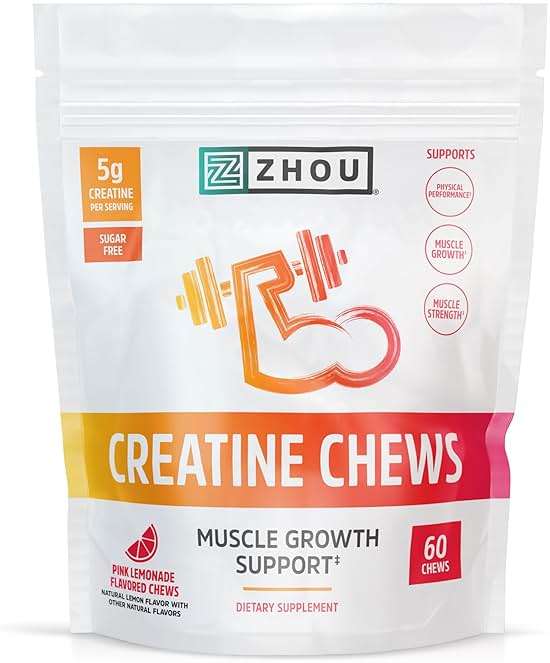 ZHOU Nutrition Creatine Monohydrate Chewables 5g for Men & Women, Sugar Free, Organic, Non GMO, Pink Lemonade, 60 Creatine Gummies - Image 2