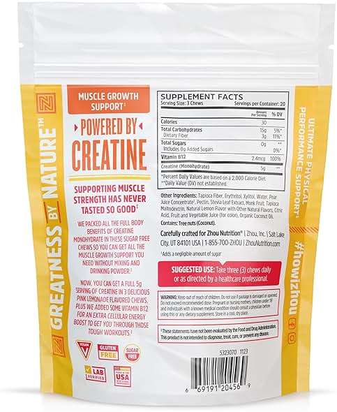 ZHOU Nutrition Creatine Monohydrate Chewables 5g for Men & Women, Sugar Free, Organic, Non GMO, Pink Lemonade, 60 Creatine Gummies - Image 3