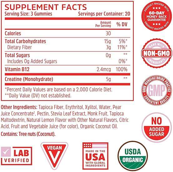 ZHOU Nutrition Creatine Monohydrate Chewables 5g for Men & Women, Sugar Free, Organic, Non GMO, Pink Lemonade, 60 Creatine Gummies - Image 4