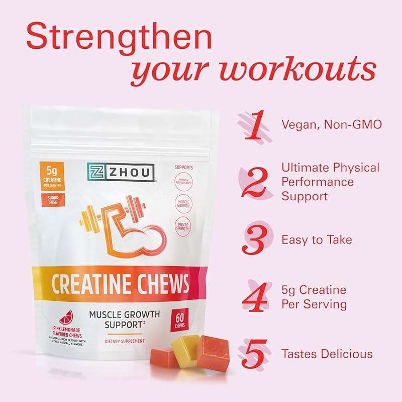 ZHOU Nutrition Creatine Monohydrate Chewables 5g for Men & Women, Sugar Free, Organic, Non GMO, Pink Lemonade, 60 Creatine Gummies - Image 5