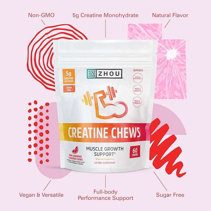 ZHOU Nutrition Creatine Monohydrate Chewables 5g for Men & Women, Sugar Free, Organic, Non GMO, Pink Lemonade, 60 Creatine Gummies - Image 6