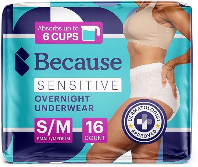 Because Adult Incontinence Underwear for Sensitive Skin - Women - Premium Overnight Disposable Briefs, Anti Odor - White, Small/Medium - Absorbs 6 Cups - 16 Count (Pack of 1) - Image 1
