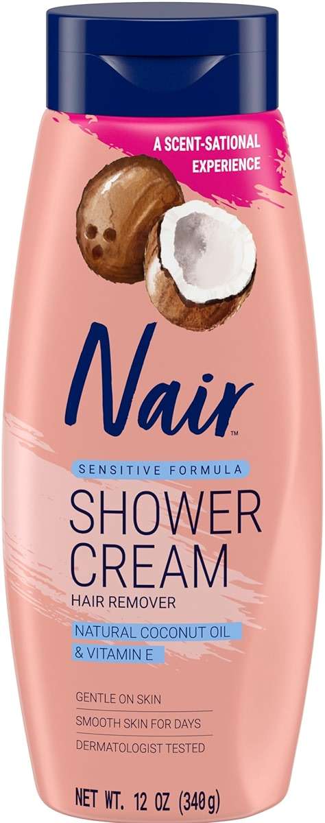 Nair Sensitive Formula Shower Cream, Quick and Easy Hair Removal Cream with Coconut Oil and Vitamin E for Body, 12 oz   - Image 1