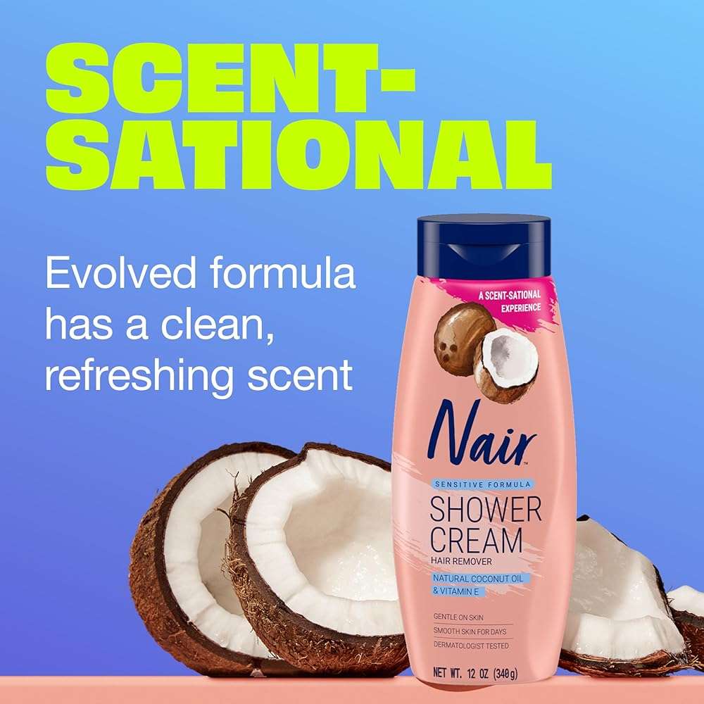 Nair Sensitive Formula Shower Cream, Quick and Easy Hair Removal Cream with Coconut Oil and Vitamin E for Body, 12 oz   - Image 4