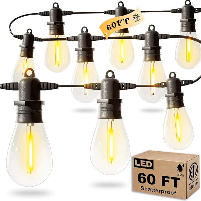 Jerritte 60FT LED Outdoor String Lights with 16+1 Edison Shatterproof IP65 Waterproof Bulbs, 2700K Dimmable Commercial Grade Patio Lights for Garden, Porch, Deck Decor - Image 1