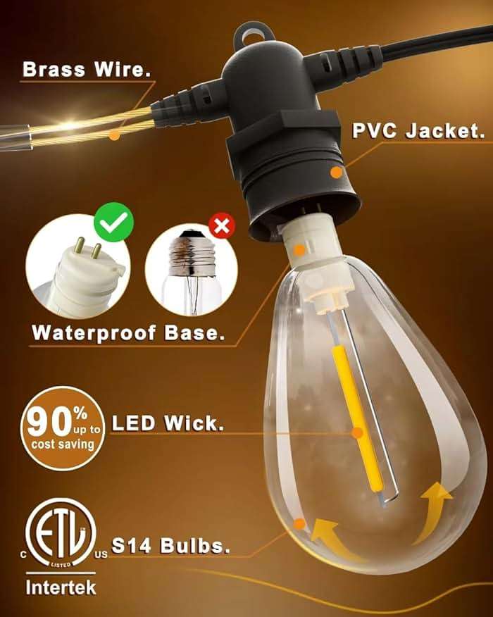 Jerritte 60FT LED Outdoor String Lights with 16+1 Edison Shatterproof IP65 Waterproof Bulbs, 2700K Dimmable Commercial Grade Patio Lights for Garden, Porch, Deck Decor - Image 2