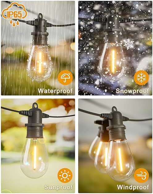 Jerritte 60FT LED Outdoor String Lights with 16+1 Edison Shatterproof IP65 Waterproof Bulbs, 2700K Dimmable Commercial Grade Patio Lights for Garden, Porch, Deck Decor - Image 3