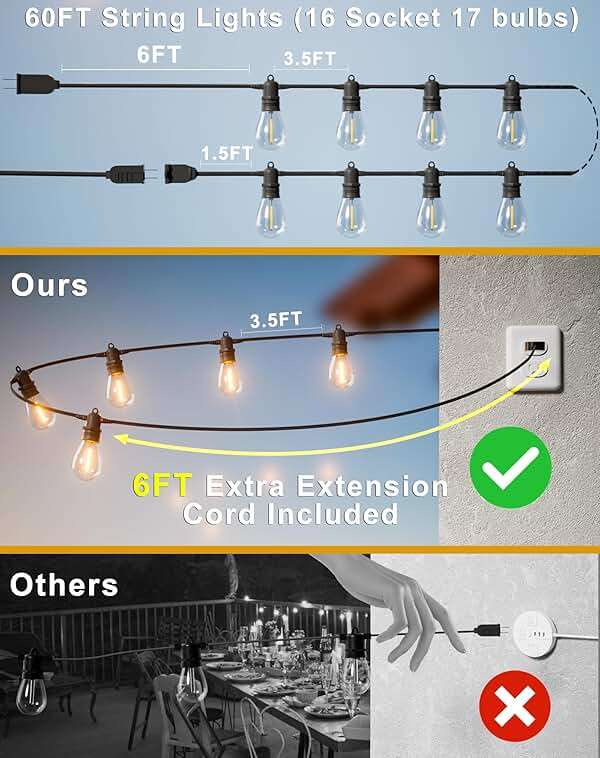 Jerritte 60FT LED Outdoor String Lights with 16+1 Edison Shatterproof IP65 Waterproof Bulbs, 2700K Dimmable Commercial Grade Patio Lights for Garden, Porch, Deck Decor - Image 5
