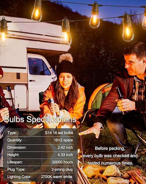 Jerritte 60FT LED Outdoor String Lights with 16+1 Edison Shatterproof IP65 Waterproof Bulbs, 2700K Dimmable Commercial Grade Patio Lights for Garden, Porch, Deck Decor - Image 7