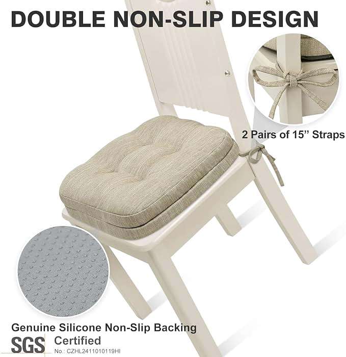 Shinnwa Dining Chair Cushions Set of 6, Dual-Layer Memory Foam Kitchen Chair Cushions, Patented Design Seat Pads with Ties, 16.5 x 16.5 x 3.5in, 6 Pack, Beige - Image 7