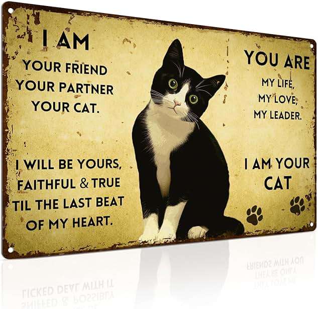 ALKB Vintage Metal Cat Sign - "I Am Your Friend, Your Partner, Your Cat" - 8"x12" Retro Metal Wall Decor for Cat Lovers, Pet Themed Gift with Paw Prints. - Image 1