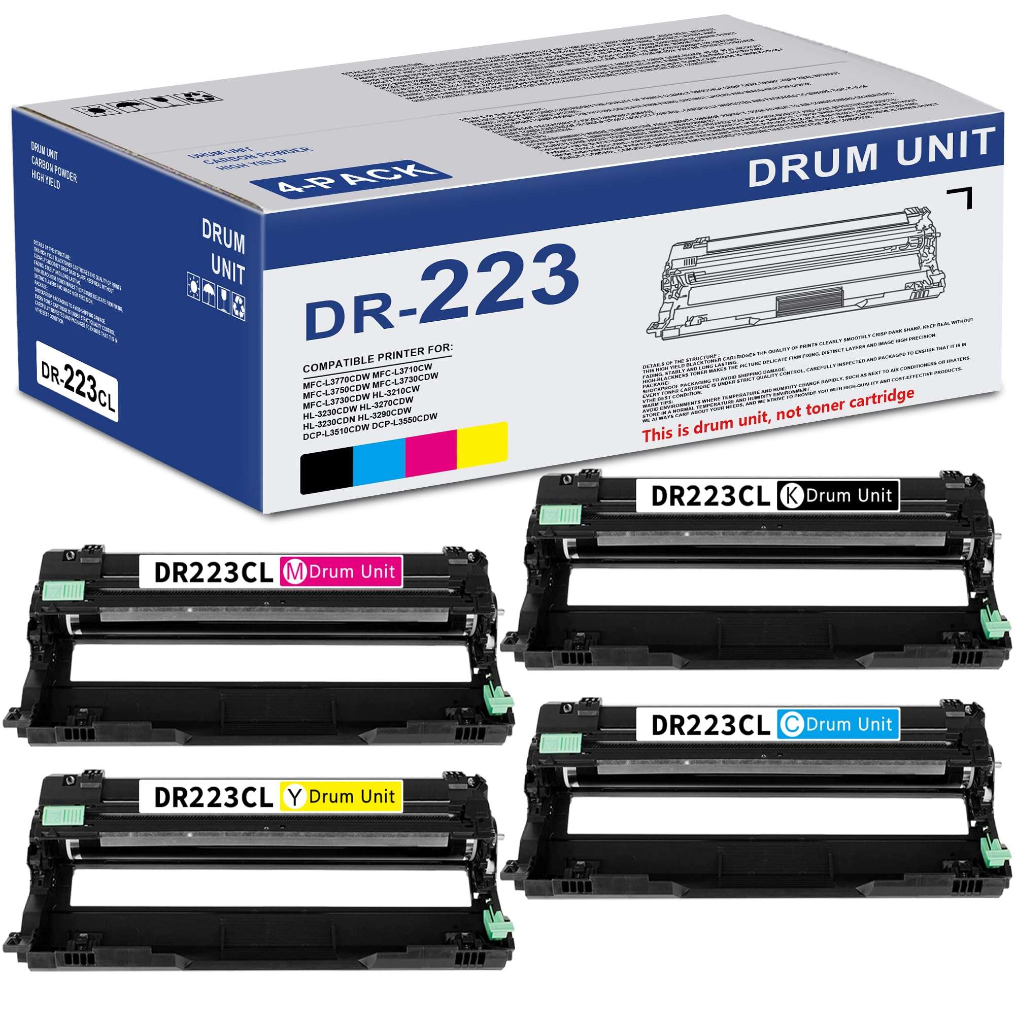 DR223CL Drum Unit Set 4-Pack (Black, Cyan, Magenta, Yellow) Replacement for Brother DR-223CL Drum Unit MFC-L3770CDW MFC-L3710CW HL-3210CW HL-3230CDW HL-3270CDW HL-3290CDW Printer (Toner not Included) - Image 2
