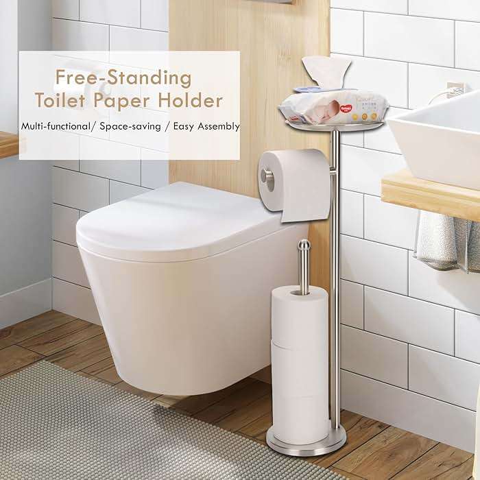 Kalitro Toilet Paper Holder Freestanding with Big Shelf, 4 Rolls Reserve Paper Holder Stand, Modern Paper Roll Holder with Storage Space for Phones (Brushed Nickel) - Image 2