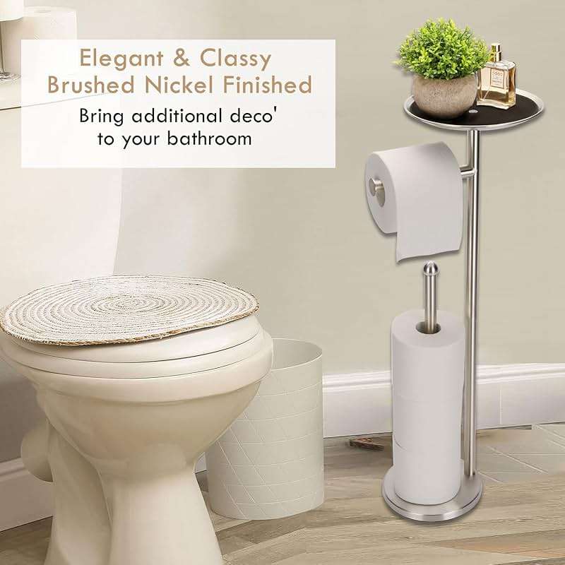 Kalitro Toilet Paper Holder Freestanding with Big Shelf, 4 Rolls Reserve Paper Holder Stand, Modern Paper Roll Holder with Storage Space for Phones (Brushed Nickel) - Image 4