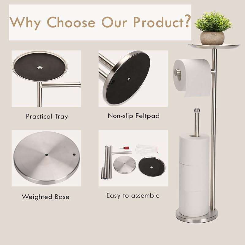 Kalitro Toilet Paper Holder Freestanding with Big Shelf, 4 Rolls Reserve Paper Holder Stand, Modern Paper Roll Holder with Storage Space for Phones (Brushed Nickel) - Image 5