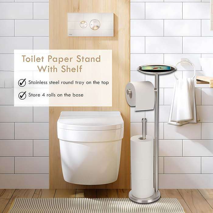 Kalitro Toilet Paper Holder Freestanding with Big Shelf, 4 Rolls Reserve Paper Holder Stand, Modern Paper Roll Holder with Storage Space for Phones (Brushed Nickel) - Image 6
