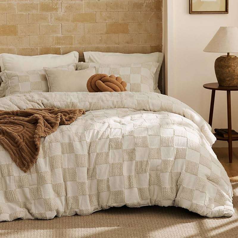 Bedsure King Size Comforter Set Beige, Boho Tufted Bed Set, Checkered Farmhouse-Style Distressed Vintage Bedding, 3 Pieces, 1 Plaid Geometric Comforter and 2 Pillow Shams - Image 1