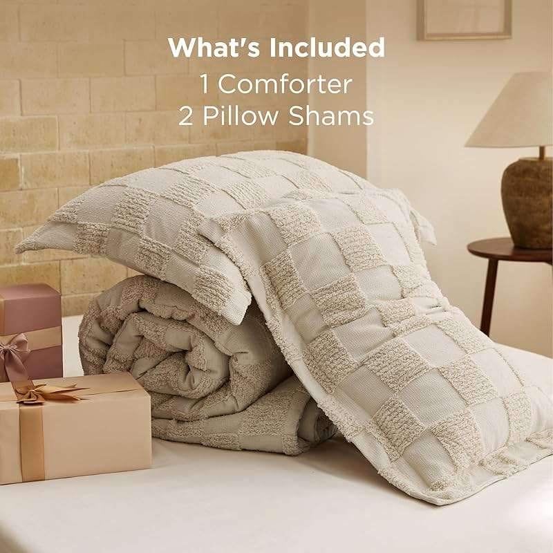 Bedsure King Size Comforter Set Beige, Boho Tufted Bed Set, Checkered Farmhouse-Style Distressed Vintage Bedding, 3 Pieces, 1 Plaid Geometric Comforter and 2 Pillow Shams - Image 8